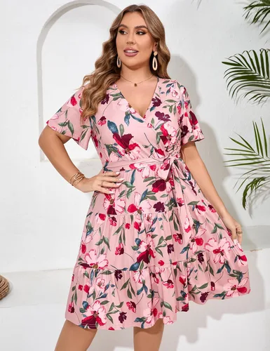 Miniatura 3 de KOJOOIN Vestido cruzado con cuello en V para mujer, talla grande, cintura alta, manga corta, vestido midi casual de verano con cinturón