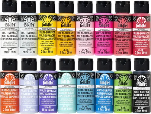 FolkArt Juego de 16 piezas de pintura acrílica para manualidades multisuperficie, formulada para ser no tóxica, perfecta para principiantes y