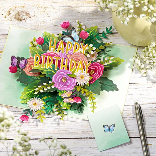 Miniatura 4 de POPWOW Tarjeta desplegable de feliz cumpleaños, flores y mariposas, tarjeta de felicitación 3D floral, regalo para mamá, hermana, mujer, abuela