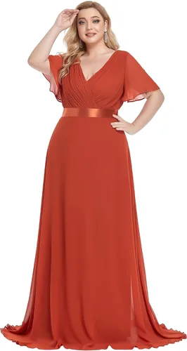 Miniatura 56 de Ever-Pretty Vestido formal para mujer, Navidad, Año Nuevo, cuello en V, gasa, talla grande, largo hasta el suelo, vestido de dama de honor