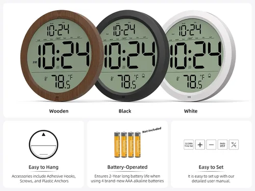 Miniatura 6 de Reloj de pared digital con fecha, temperatura interior, DST automático, reloj digital a batería, reloj de pared pequeño de madera decorativo de 8