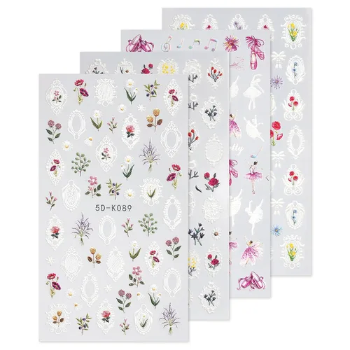 Miniatura 9 de Calcomanías de uñas, 4 hojas en relieve floral 5D, autoadhesivas para manicura de bricolaje