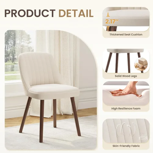 Miniatura 2 de MALOL Juego de 2 sillas de comedor tapizadas, sillas de cocina de tela moderna con respaldo, patas de madera para cocina, comedor, restaurante, beige