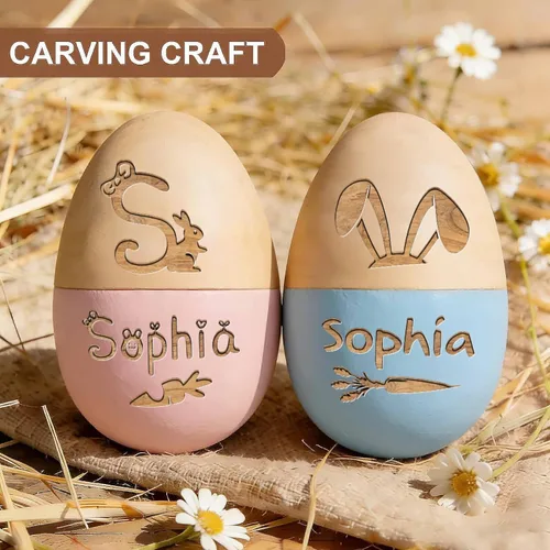 Miniatura 7 de Huevo de Pascua personalizado con nombre grabado, huevo de madera de Pascua personalizado 2026 grabado con texto gratis para niño y niña Azul y rosa