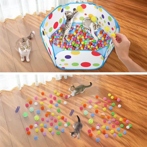 Miniatura 6 de Palksky Pozo de pelotas con 210 bolas de juguete y 4 juguetes de resorte, juguetes interactivos para gatos aburridos de interior para jugar