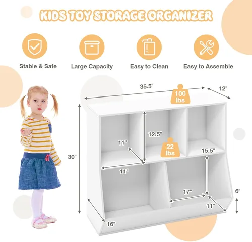 Miniatura 3 de Kids Bookshelf and Toy Organization,5 Cubby Open Wooden Playroom Organization and Storage, Toddler Bookshelf for Kid’s Room Bedroom Nursery White