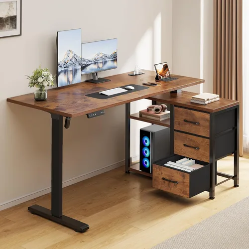 Miniatura 13 de Escritorio eléctrico en forma de L de 47 pulgadas con 3 cajones, mesa de computadora de almacenamiento, altura ajustable con tomas de corriente, 4