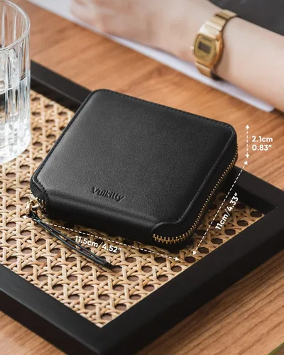 Miniatura 6 de Vulkitty Cartera de cuero para mujer con bloqueo RFID, monedero delgado plegable con bolsillo con cremallera, Negro -, Classic