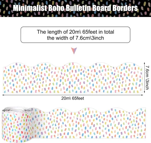 Miniatura 2 de Zonon Bordes de tablón de anuncios de 65 pies, lunares en blanco y negro, bordes de cuadrícula rayada, bordes decorativos rectos festoneados