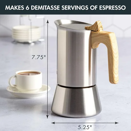 Miniatura 4 de Primula Cafetera y cafetera de acero inoxidable de alta calidad, olla moka para café clásico italiano, 6 tazas, mango de aspecto de madera