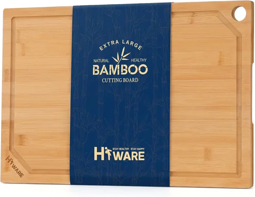 Hiware Tabla de cortar de bambú extra grande para cocina, tabla de cortar de madera resistente con ranura para jugos, 100% bambú orgánico, Natural