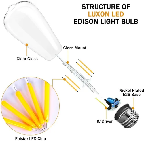 Miniatura 3 de LUXON Bombillas LED Edison, bombillas vintage regulables, 6 W (equivalente a 60 W, 2700 K, blanco cálido, E26, paquete de 4 unidades)