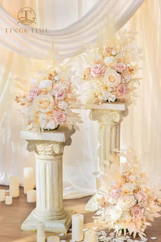 Miniatura 5 de TINGE TIME Juego de 2 flores artificiales de pie, centro de mesa con almohadilla de goma, flor falsa de seda para centro de mesa de boda, arco
