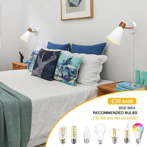 Miniatura 5 de Juego de 2 apliques de pared blancos enchufables, lámpara de pared moderna con cable de enchufe, aplique de madera con pantalla de metal martillado