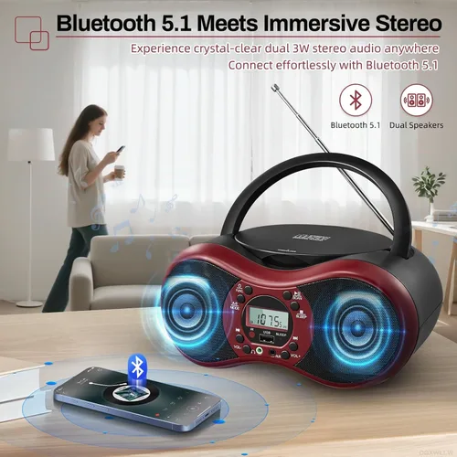Miniatura 7 de Boombox reproductor de CD portátil para el hogar con radio FM, Bluetooth, reproducción de CD-R/CD-RW/MP3 CDs, control remoto, puerto USB, entrada