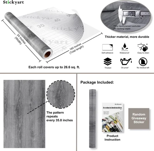 Miniatura 7 de Stickyart Papel tapiz de madera de 24 x 160 pulgadas de grosor, color gris mate, autoadhesivo, papel de contacto de grano de madera rústico