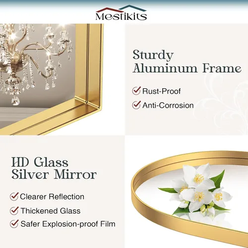 Miniatura 6 de Espejo de arco de 30 x 40 pulgadas para baño, espejo de pared arqueado dorado, espejo de tocador, marco de metal dorado, espejos de arco para sala