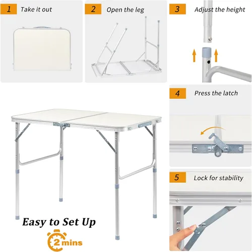 Miniatura 4 de Mesa plegable de aluminio, mesa de campamento multiusos para picnic, mesa rectangular portátil y ajustable, color blanco