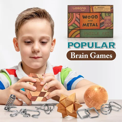 Miniatura 5 de Rompecabezas de madera y metal - Relleno para calcetines Rompecabezas chinos de anillos mágicos, juego de desentrañar, enlaces de hierro, juego