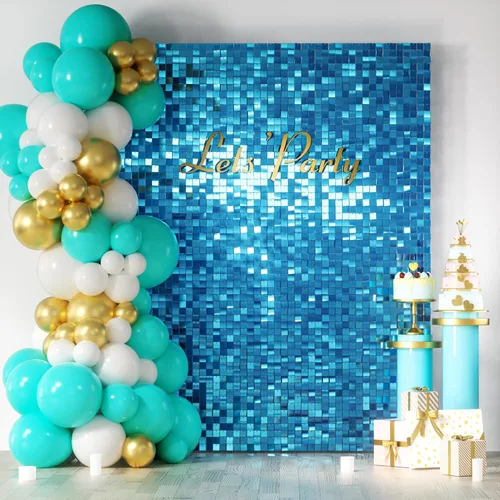 COKAOBE Fondo de pared azul turquesa brillante, 24 piezas de panel de fondo cuadrado de lentejuelas brillantes, fondos de fotos para cumpleaños,