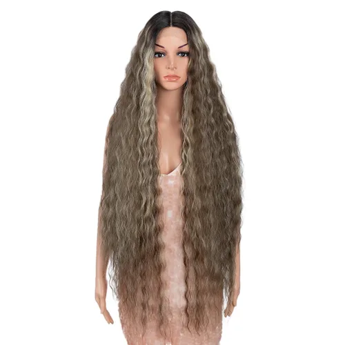 Miniatura 10 de Style Icon Pelucas de Encaje Frontal de 41" Largas Onduladas Sintéticas con Baby Hair Ombre Marrón Claro Estilo Bohemio Semi Atadas a Mano Densidad