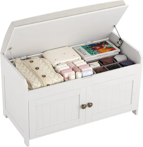 Miniatura 11 de HOMEFORT Banco para Zapatos de 30" con Almacenamiento de Tapa Elevable, Banco de Entrada con Asiento Acolchado, Banco de Madera para Pie de Cama