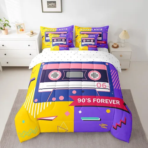 Miniatura 7 de Erosebridal Juego de ropa de cama de cassette vintage de los años 80 y 90, juego de edredón de 7 piezas para niños y adultos, retro, amarillo