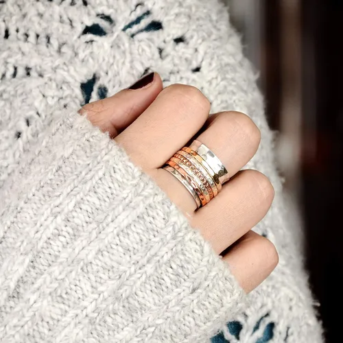 Miniatura 3 de Boho-Magic Anillo giratorio para mujer, plata de ley 925 con bandas de cobre y latón anchas, Metal
