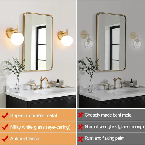 Miniatura 2 de Juego de dos apliques de pared dorados, paquete de 2 lámparas de baño de oro cepillado con vidrio de globo blanco lechoso, apliques modernos