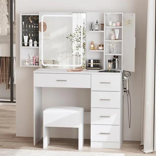Miniatura 9 de Fameill Escritorio blanco con espejo y luces, juego de mesa de tocador de maquillaje con tira de alimentación y armario deslizante, tocador