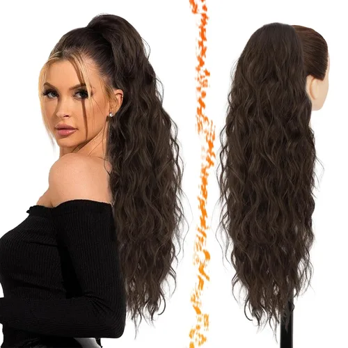 Miniatura 25 de BARSDAR Extensión de cola de caballo rojo burdeos, extensiones de cabello ondulado con cordón de 16 pulgadas para mujer, extensiones de cabello
