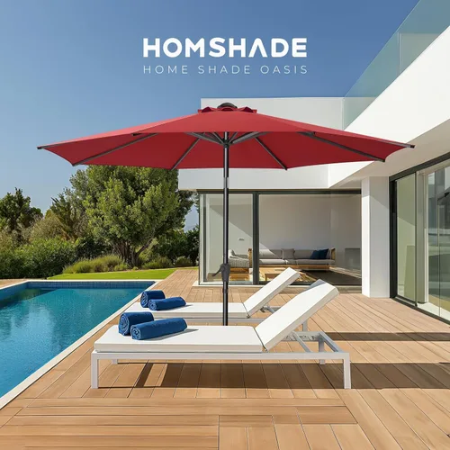 Miniatura 8 de HOMSHADE Sombrilla de patio al aire libre de 9 pies, sombrilla para mesa de mercado, piscina, terraza, protección UV UPF50+ con botón de Rojo