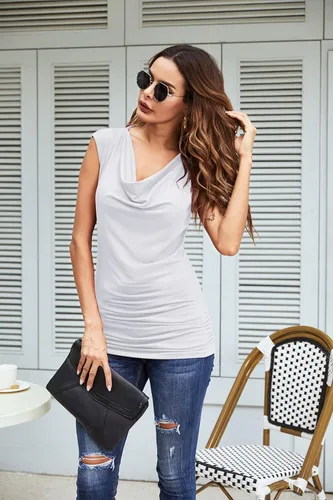 Miniatura 2 de Zeagoo - Camiseta sin mangas elástica de cuello holgado y fruncido, con drapeado lateral, para mujer