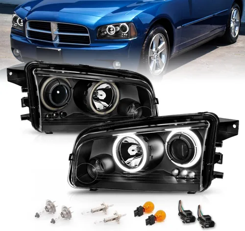 AmeriLite Juego de faros delanteros de repuesto para Dodge Charger Dual Xtreme 2006-2010 con anillos de halo LED, color negro, lado del pasajero y