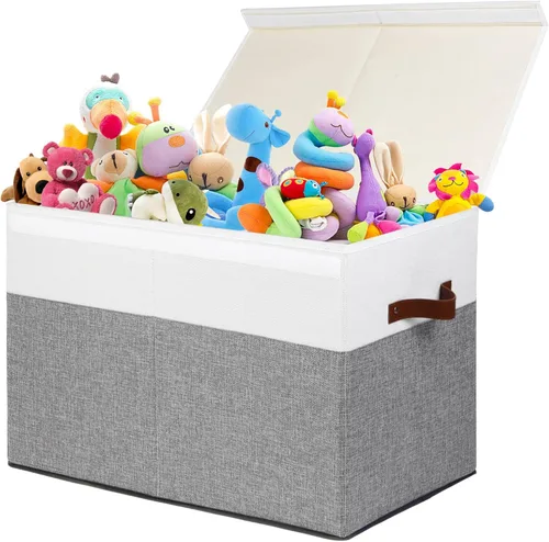 Gowee Caja grande de almacenamiento de juguetes con tapa, cesta organizadora de juguetes resistente con divisores para niños, niñas, guardería, Gris