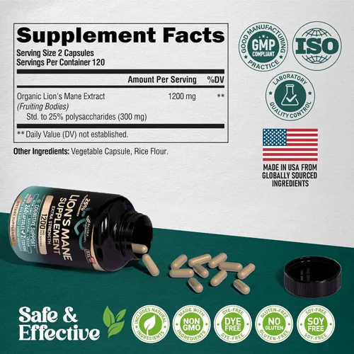 Miniatura 6 de Cápsulas de Suplemento de Melena de León - Melena de León Orgánica - Fabricado en Estados Unidos - Extracto de Cuerpos Fructíferos - 1200 mg, 25%