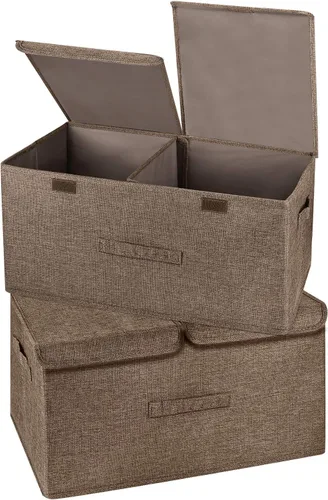 Miniatura 22 de Paquete de 2 Cajas de Almacenamiento Grandes con Tapas y Asas, Contenedores Organizadores Cestas Cubos de Almacenamiento de Lino Plegables con Crema