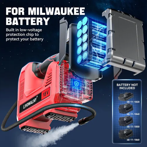 Miniatura 6 de Compresor de aire inalámbrico para inflador de neumáticos de 160 PSI, compatible con batería Milwaukee de 18 V, bomba de aire portátil LIVOWALNY
