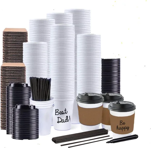130 tazas de café de papel desechables con tapas, tazas de café de 12 onzas para el hogar, oficina, fiestas, viajes, tazas de papel premium, incluye