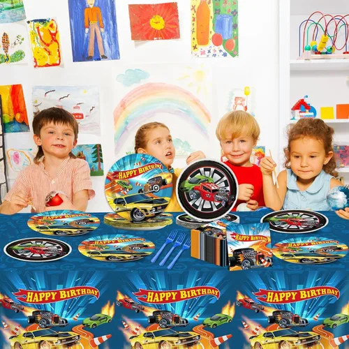 Miniatura 7 de 98 piezas de decoración de fiesta de coches de carreras para 24 invitados, juego de vajilla de coche de carreras, servilletas, mantel, suministros
