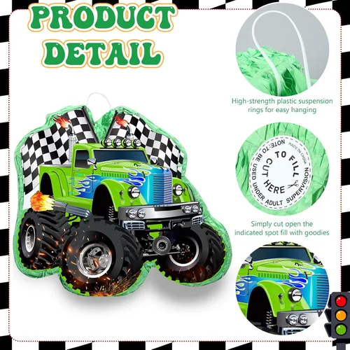Miniatura 3 de Faccito Piñata de camión de carreras de monstruo con venda y palo, piñata de carreras pequeña verde para decoración de fiestas de niños, 14.1 x 12.6
