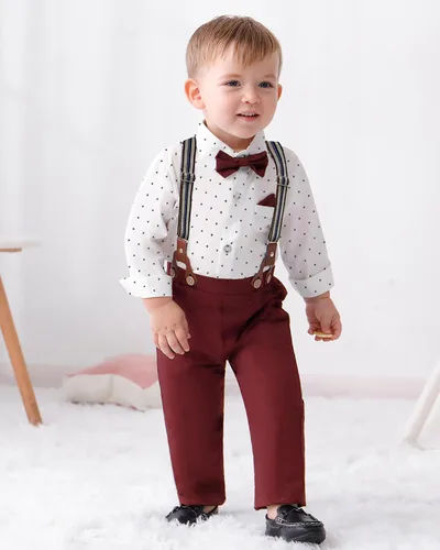 Miniatura 3 de DISAUR Ropa para bebé niño, camisa de vestir con corbatín y pantalones de tirantes, conjuntos de traje de caballero para boda de 1 a 6 años
