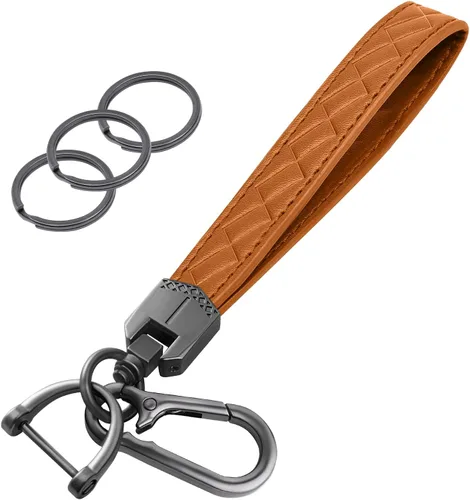 Miniatura 11 de OHKYOOT Llavero de cuero para muñeca, llavero de coche con 3 llaveros y anillo anti-pérdida (Negro)