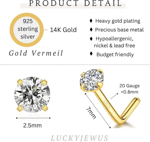 Miniatura 3 de LUCKYJEWUS Anillos de nariz en forma de L de 14k chapado en oro con pernos de plata esterlina para mujeres y hombres 20g, perno de nariz
