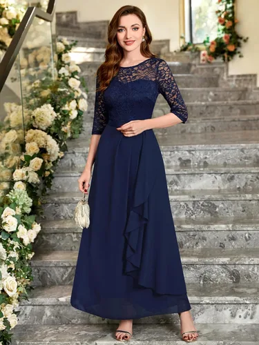 Miniatura 3 de Miusol Vestido largo de dama de honor con mangas 34 de contraste y encaje floral elegante para mujer