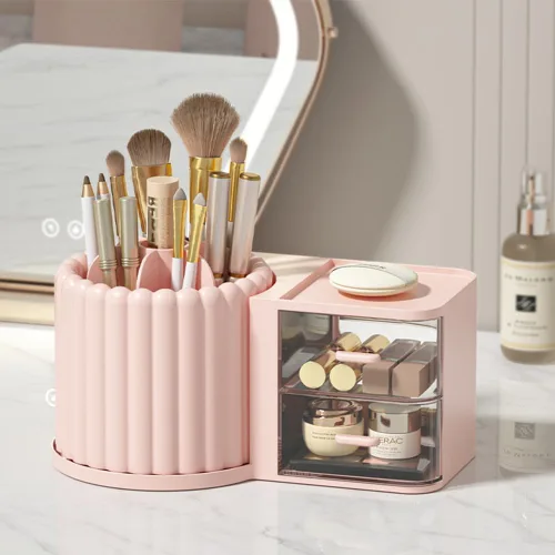 Miniatura 5 de Organizador de Maquillaje para Encimera, Soporte Giratorio 360° para Brochas de Maquillaje con 2 Cajones, Pequeño Organizador Preppy 9.25x5.11
