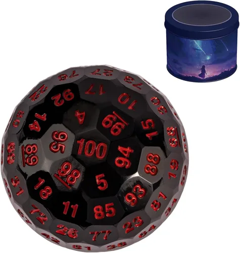 Dados poliédricos mejorados de 100 caras (D100), 1.969 in, fuente negra/roja, dado único, dados de juego D&D, lata de almacenamiento de metal