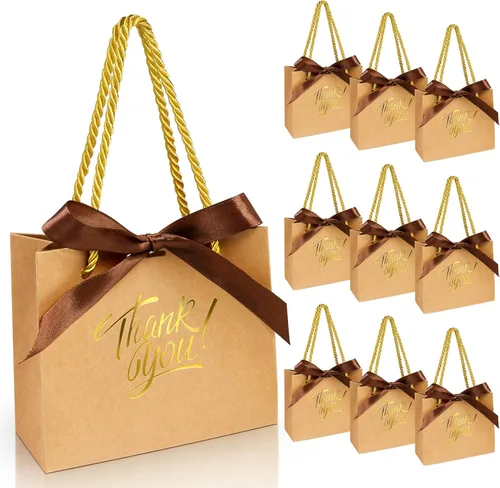 EQOREIIN Paquete de 30 bolsas pequeñas de regalo de agradecimiento con asas 5.5 x 2.4 x 4.7 pulgadas, mini bolsas de regalo marrones con lazo de