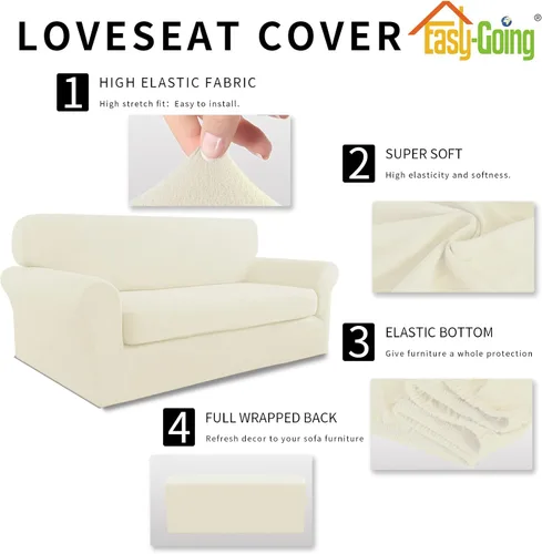 Miniatura 4 de Easy-Going Funda elástica para sofá de 2 piezas, protector de muebles de microfibra súper suave y resistente con parte inferior elástica para Marfil