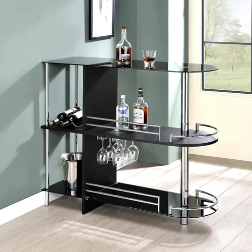 Kings Brand Furniture Mesa de bar con dos estantes de vidrio templado, color negro (16 x 47 x 41 pulgadas)